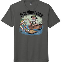 Fish Whisperer graphic on charcoal perfect tri tee for fish enthusiasts, featuring an angler with fish in a boat.