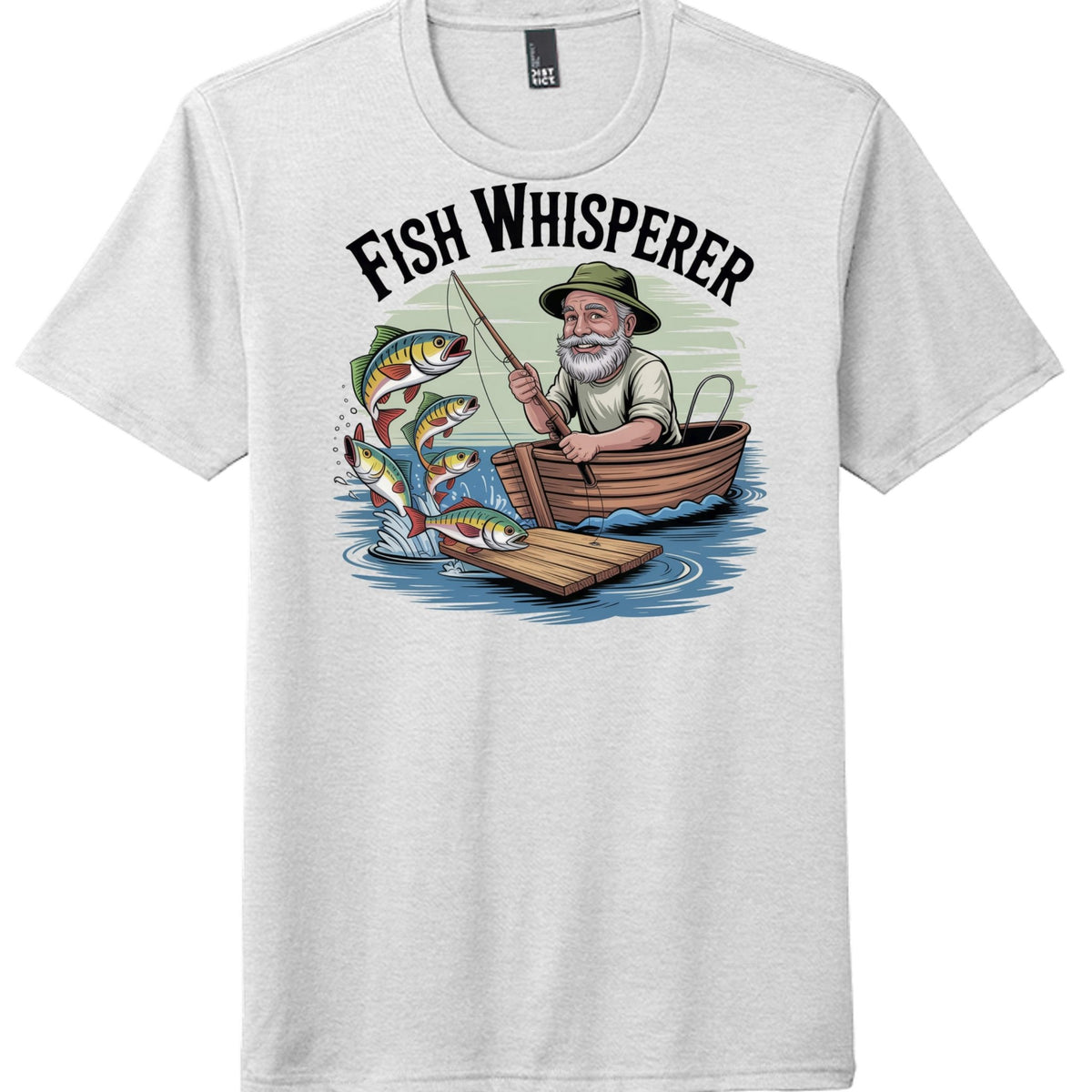 Fish Whisperer graphic tee featuring a fisherman in a boat, a perfect tri tee for fish enthusiasts.