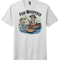 Fish Whisperer graphic tee featuring a fisherman in a boat, a perfect tri tee for fish enthusiasts.