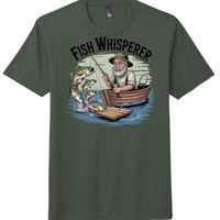 Fish Whisperer tee shirt in Heathered Forest Green, perfect tri tee for fish enthusiasts with a fishing graphic.