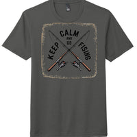Charcoal Keep Calm Go Fising graphic on District DM130 perfect tri t-shirt featuring fishing rods design.