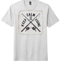 Keep Calm and Go Fising graphic on a grey perfect tri t-shirt with fishing rods and reels design.