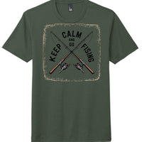 Keep Calm and Go Fishing design on green perfect tri t-shirt with fishing rods and reels graphic.