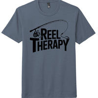 Reel Therapy perfect tri tee shirt in Navy Frost color featuring fishing rod graphic design.