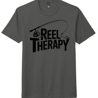 Reel Therapy design on a charcoal perfect tri tee shirt from District DM130, featuring a fishing rod illustration.