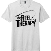 Reel Therapy perfect tri tee shirt in white featuring fishing rod and reel graphic design.