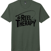 Reel Therapy perfect tri tee shirt in heathered forest green with fishing rod graphic.