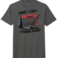 Charcoal weekend plans t-shirt featuring a calendar with fishing plans graphic.