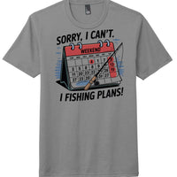 Weekend plans t-shirt featuring a calendar and fishing rod design on a grey background.