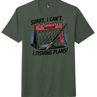 Weekend plans t-shirt featuring a calendar with fishing theme on a heathered forest green tee.