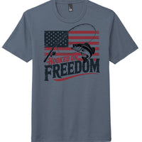 Hooked on Freedom graphic navy frost perfect tri tee for comfort with fishing design and American flag.