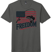 Charcoal Hooked on Freedom perfect tri tee for comfort with fishing graphic and American flag design.