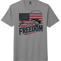 Hooked on Freedom graphic tee in grey frost featuring fishing design; perfect tri tee for comfort.