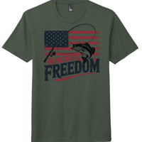 Heathered Forest Green perfect tri tee for comfort with 'Hooked on Freedom' design and American flag graphic.