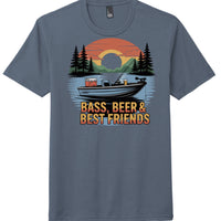 Bass beer graphic tee featuring a fishing boat design with sunset and trees, perfect for outdoor enthusiasts.