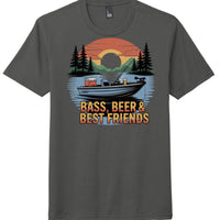 Bass and Beer graphic tee featuring a boat and sunset design on a charcoal District DM130 tee.