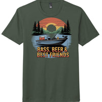 Bass and Beer graphic tee featuring a fishing boat design on heathered forest green t-shirt.