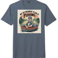 District DM130 Perfect Tri Tee featuring fishing graphic and text "My Retirement Plan Is Fishing" on navy shirt.