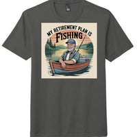 District DM130 Perfect Tri Tee featuring a fishing design and the phrase 'My Retirement Plan is Fishing' on a charcoal shirt.