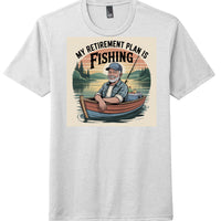 District DM130 Perfect Tri Tee featuring fishing graphic and text "My Retirement Plan Is Fishing" on a gray shirt.