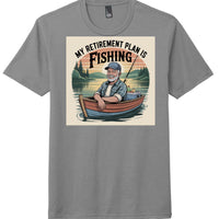 District DM130 Perfect Tri Tee in grey featuring fishing-themed retirement plan graphic.