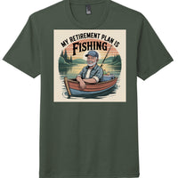 District DM130 Perfect Tri Tee in Heathered Forest Green featuring retirement plan fishing graphic.