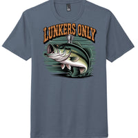 Lunkers Only graphic on a navy frost District DM130 perfect tri tee featuring a bass fish design.