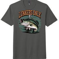 District DM130 perfect tri tee in charcoal featuring 'Lunkers Only' graphic and fish design.