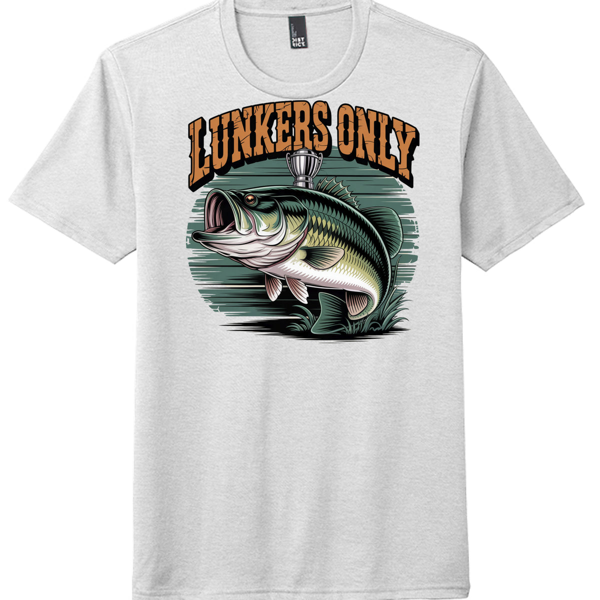 Lunkers Only graphic on District DM130 perfect tri tee in white, featuring an illustrated bass fish design.