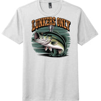 Lunkers Only graphic on District DM130 perfect tri tee in white, featuring an illustrated bass fish design.