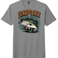 Lunkers Only graphic on grey District DM130 perfect tri tee featuring a bass fish design.