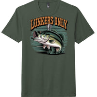Lunkers Only graphic tee featuring a bass on a heathered forest green District DM130 perfect tri tee.