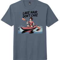 Lake Hair t-shirt featuring a girl kayaking in navy frost color with the slogan 'LAKE HAIR, DON'T CARE'.