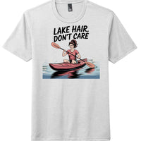 lake hair t-shirt featuring a woman kayaking with the phrase 'Lake Hair, Don't Care' on a light grey tee.