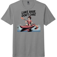 lake hair t-shirt in grey featuring a woman kayaking with the text 'LAKE HAIR, DON'T CARE'