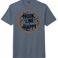 District Perfect Tri Tee in Navy Frost featuring 'Hook, Line & Happy' graphic print design.