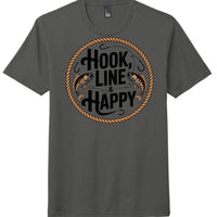 District Perfect Tri Tee in charcoal featuring 'Hook, Line & Happy' graphic design with fishing elements.