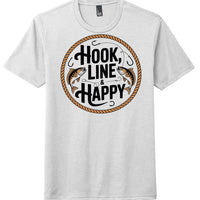 Hook Line and Happy graphic tee design on District Perfect Tri Tee in gray color.