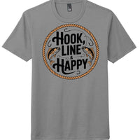 District Perfect Tri Tee in Grey Frost featuring 'Hook, Line & Happy' graphic design.