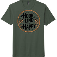 District Perfect Tri Tee in Heathered Forest Green with 'Hook, Line & Happy' design on a classic fit t-shirt.