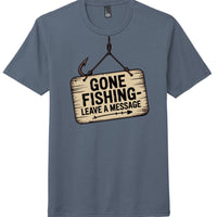 Gone Fishing graphic tee featuring a sign design on a navy frost District DM130 Perfect Tri Tee.
