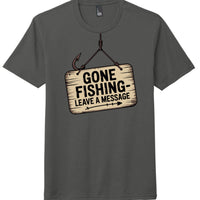 Gone Fishing graphic tee in charcoal color with a humorous sign design saying 'leave a message'.