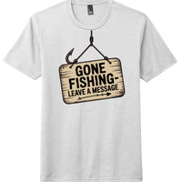 Gone Fishing graphic tee on a light gray shirt featuring a humorous sign design saying 'GONE FISHING - LEAVE A MESSAGE'.