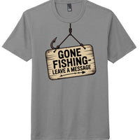 Gone fishing graphic tee in grey frost color featuring a whimsical sign design with the phrase 'Leave a Message'.