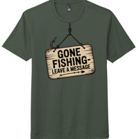 Gone fishing graphic tee in heathered forest green with fishing sign graphic saying leave a message.
