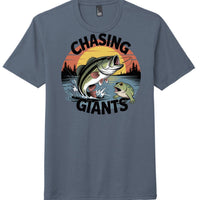 Chasing Giants graphic on District DM130 perfect tri tee in Navy Frost color, featuring a bass and frog illustration.