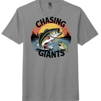 Chasing Giants graphic on a grey frost Perfect Tri Tee featuring a bass fish and a frog design.