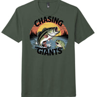 Chasing Giants graphic on Heathered Forest Green Perfect Tri Tee, featuring a large bass and frog design.