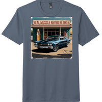 Real Muscle Never Retires graphic on navy frost perfect tri-blend tee featuring classic car design.