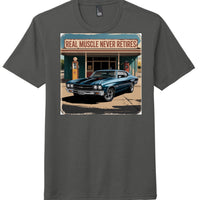Real Muscle Never Retires design on charcoal perfect tri-blend tee featuring classic car illustration.